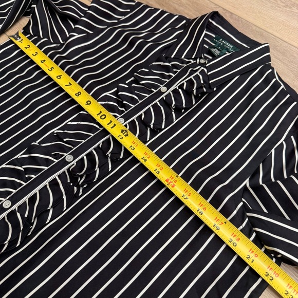LRL Ralph Lauren Silk Black White Striped‎ Ruffle Front Dark Coquette Goth L - Picture 12 of 15
